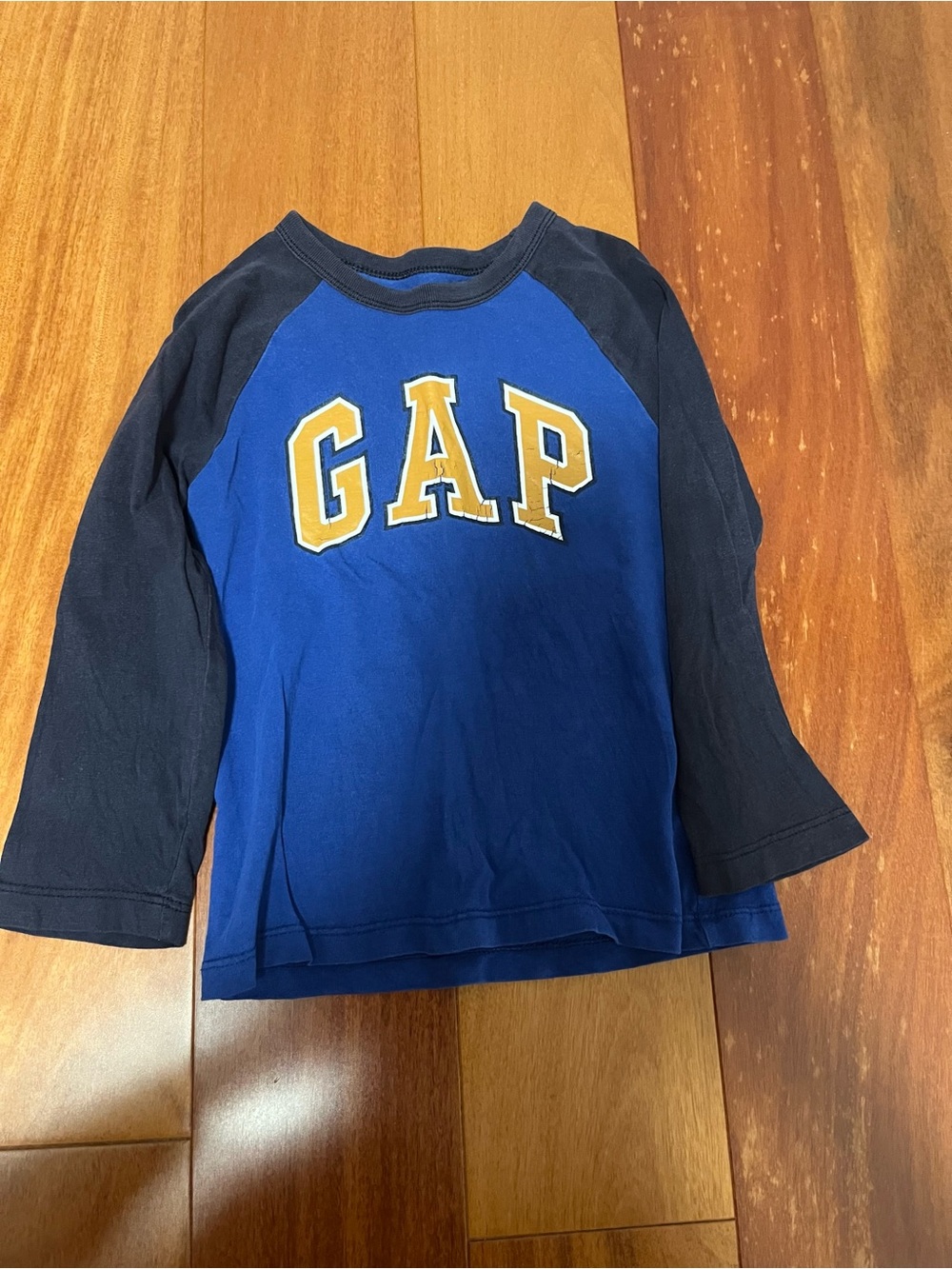 GAP Blue and Black Raglan Long Sleeve Tee with Yellow Logo